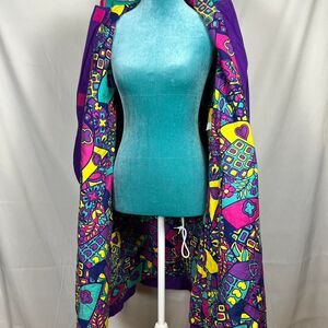 Vintage 80s Maxi Trench Coat Purple Neon‎ Lining Funky Vibrant Small Retro